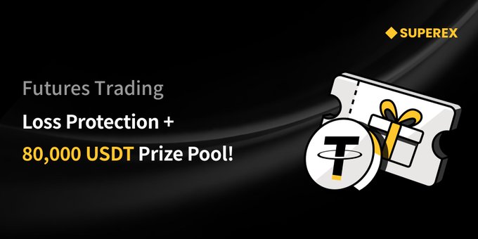 A promotional banner for the SuperEx Futures Trading campaign featuring a "Loss Protection + 80,000 USDT Prize Pool" offer, accompanied by an illustration of a ticket and a gift-wrapped token, visually representing the rewards and trading incentives highlighted in the campaign details.