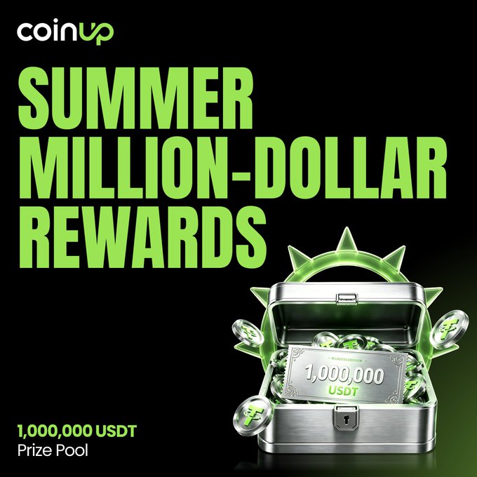 A black promotional banner for CoinUp advertising 'SUMMER MILLION-DOLLAR REWARDS' with a treasure chest of coins and a 1,000,000 USDT prize pool.