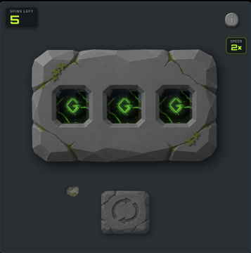 A screenshot from a mobile puzzle game showing a stone panel with three green gem slots, displaying 'TIME LEFT 5' and 'LEVEL 2x' indicators.