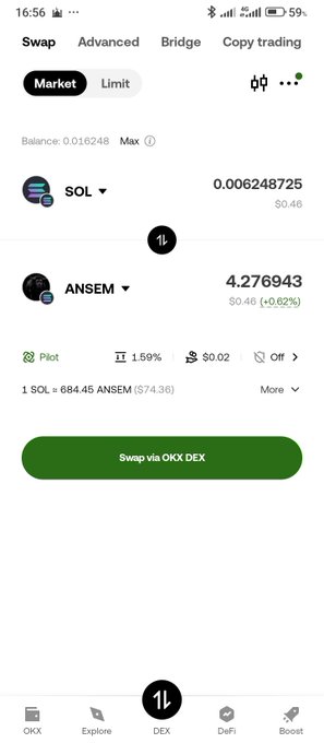 The image shows a cryptocurrency swap interface on OKX, where 0.016248 SOL ($0.46) is being exchanged for 4.276943 ANSEM tokens at a rate of 684.45 ANSEM per SOL. This illustrates the user's small purchase of ANSEM with their remaining Solana dust, as described in the post highlighting how such a modest amount could grow to 40k ANSEM tokens.