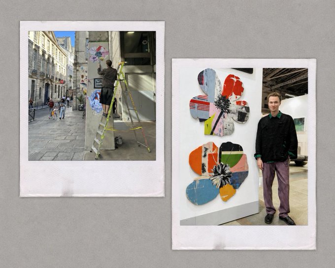 A collage of two Polaroid-style photos shows an artist on a ladder installing artwork on a Parisian street and posing beside his mixed-media flower composition in a gallery. The images visually illustrate the post's description of Jenya Vyguzov's process of capturing real textures and locations across Europe to hand-compose his unique NFT flower artworks.