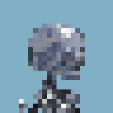 A heavily pixelated image showing a character with dark hair and a dark outfit with white accents against a solid light blue background.
