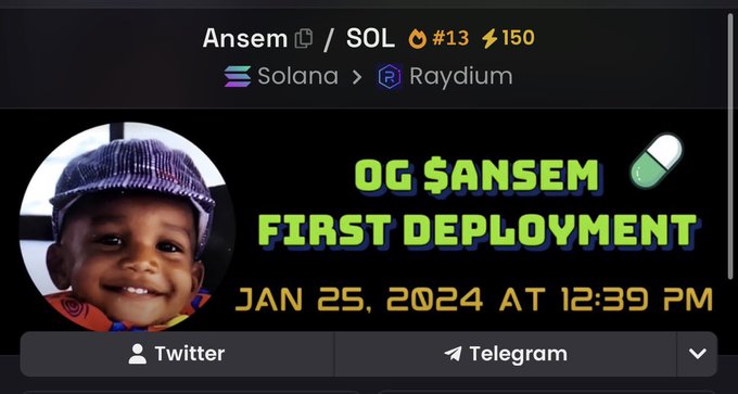 A crypto announcement for 'Ansem / SOL' on the Solana/Raydium platform, showing 'OG $ANSEM FIRST DEPLOYMENT' dated Jan 25, 2024 at 12:39 PM, with a smiling child in a cap photo and links to Twitter and Telegram.