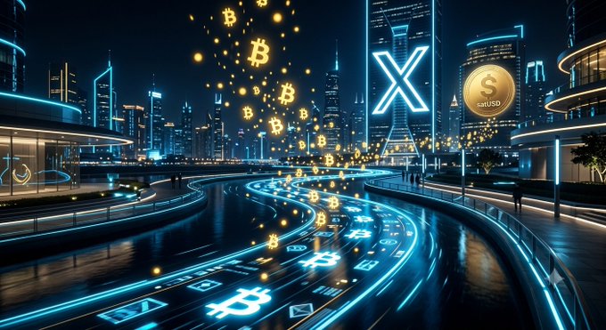 A futuristic neon cityscape at night with golden Bitcoin symbols floating in the air, an X logo, and a golden coin labeled 'USD'.