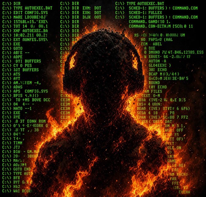 A fiery silhouette of a hooded figure with glowing orange eyes, overlaid with green computer command-line text resembling a DOS prompt.