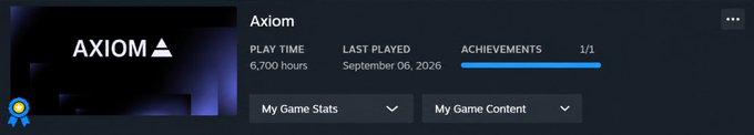 An Xbox game library entry for 'Axiom' showing 6,700 hours of play time, last played September 06, 2026, with 1/1 achievements completed.