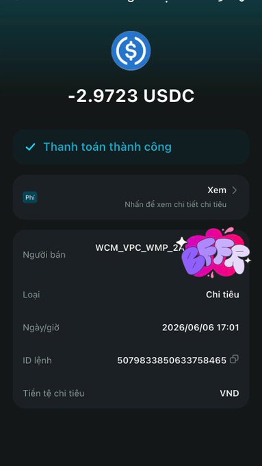 The image shows a cellphone screen displaying a payment method used by the user. The phone's screen displays a message that reads "Today, I tried using my Bitget payment card to buy coffee at Phúc Long and was quite surprised when the transaction went through incredibly quickly". The user has successfully made a purchase with their Bitget payment card, which is linked to an account in the USDC currency.