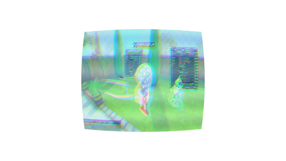 A screenshot from SuperTrip on AbstractChain's Explore Mode, heavily distorted with a rainbow/glitch filter, showing a character in a polka-dot outfit on a green grassy platform with leaderboards visible in the background, including what appears to be a "FORWARD LEADERBOARD" header.