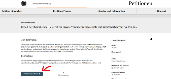 Screenshot of a German Bundestag petition page titled "Erhalt der steuerlichen Haltefrist für private Veräußerungsgeschäfte mit Kryptowerten vom 30.05.2026," with a red arrow highlighting the "Petition mitzeichnen" (sign petition) button, illustrating the post's call to action to support the petition before the crypto holding period tax exemption is eliminated.