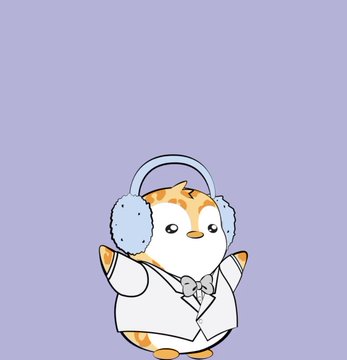 A cute cartoon illustration of an orange and white cat wearing blue earmuffs and a white outfit with a small bow tie, set against a light purple background.