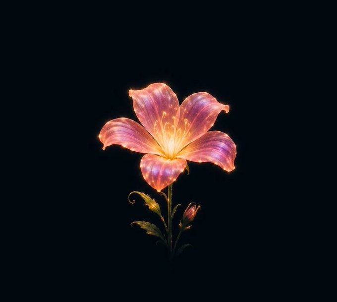 A glowing, pink and orange lily flower with illuminated petals against a solid dark background.