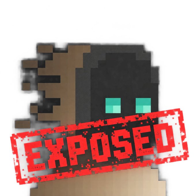 A pixelated Minecraft-style character resembling a zombie or dark figure with glowing cyan eyes stands behind a bold red "EXPOSED" stamp, visually reinforcing the post's warning that Zcash NFTs are a recycled scheme from the same Ordinals insiders who left holders "down bad."