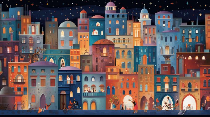 A whimsical, colorful illustration of a densely packed, multi-tiered fantasy city at night, filled with warmly lit windows, balconies, and small figures of people and cats going about their evening.