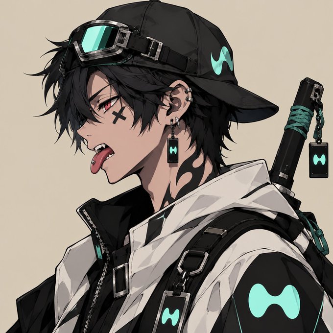 A digital illustration of an anime-style character wearing a black cap with goggles, a white jacket, and tongue and ear piercings, featuring teal bow-tie shaped designs.
