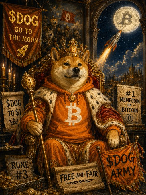 An ornate digital painting portrays a crowned Shiba Inu wearing a Bitcoin hoodie sitting on a throne, surrounded by 'DOG' themed cryptocurrency banners, treasure, and a Bitcoin moon.