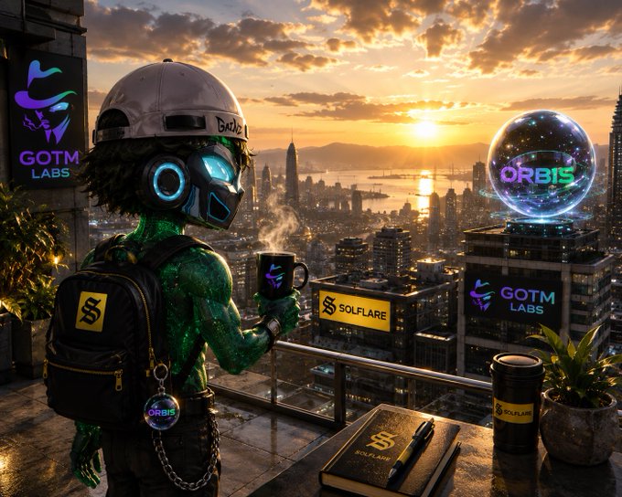 A futuristic green-skinned figure wearing a "GOTM" cap and VR-style goggles sips coffee from an "ORBIS" mug on a balcony overlooking a sunset cityscape featuring prominent "GOTM LABS," "SOLFLARE," and "ORBIS" branding—visually embodying the post's reflective message of pausing to appreciate how far the Web3 community has come, with branded touchstones marking that journey of progress.