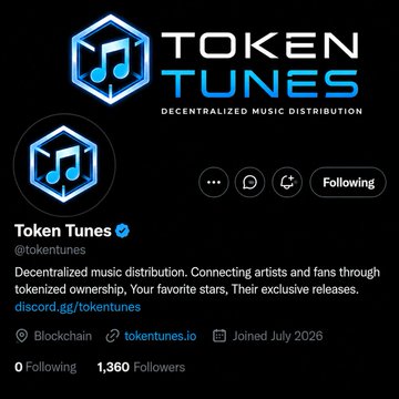 A Twitter profile for 'Token Tunes' (@tokentunes), described as 'Decentralized music distribution. Connecting artists and fans through tokenized ownership,' with 1,360 followers and a discord link.