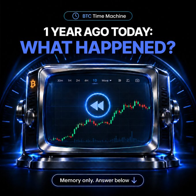 A promotional graphic for 'BTC Time Machine' features a retro futuristic time machine device displaying a Bitcoin price chart, with text reading '1 YEAR AGO TODAY: WHAT HAPPENED?' and 'Memory only. Answer below'.