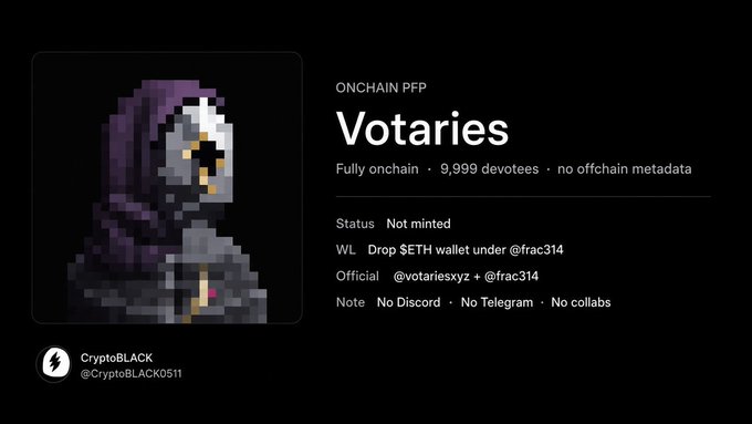 The image shows a pixelated hooded figure NFT from the "Votaries" collection, marked as "Not minted," with 9,999 devotees and fully onchain status, and a CryptoBLACK profile (@CryptoBLACK0511).

The image doesn't connect to the post's content, as it advertises a pixelated NFT project rather than depicting Save the Children crypto donation steps.
