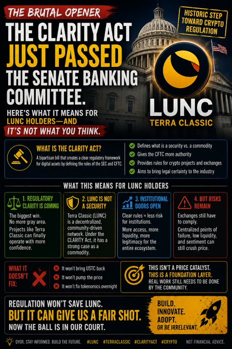 The image is an infographic titled "THE BRUTAL OPENER: THE CLARITY ACT JUST PASSED THE SENATE BANKING COMMITTEE," detailing the implications for Terra Classic ($LUNC). It outlines that the bill provides regulatory clarity for digital assets, categorizes LUNC as a decentralized community-driven token, and notes that while it won't fix the token's price or reconnect USTC, it reduces institutional risk and offers a foundation for legal legitimacy. This aligns with the accompanying post, which emphasizes the "good news" that LUNC will likely be classified as a digital commodity under the Clarity Act, sparing it from SEC enforcement and enabling CFTC-regulated futures.