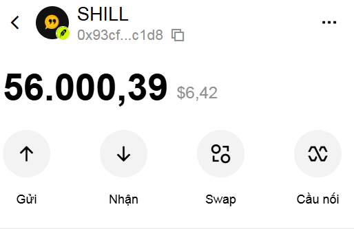 A screenshot of a cryptocurrency wallet interface showing a balance of 56.000,39 for the token 'SHILL' at a value of $6.42.
