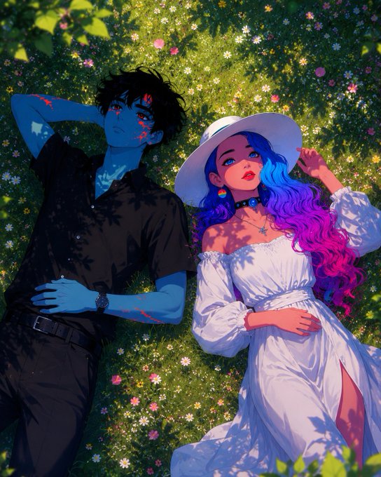 Anime-style digital artwork of a blue-skinned boy in black clothing and a girl with flowing purple-to-pink hair in a white dress and sun hat, lying together in a flower-filled meadow.