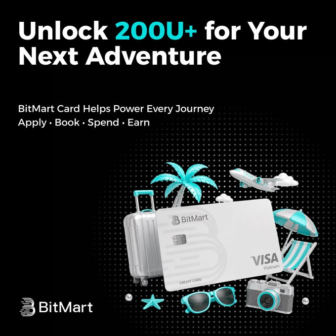 BitMart Visa Platinum Credit Card promotional banner stating 'Unlock 200U+ for Your Next Adventure' with imagery of a suitcase, palm tree, plane, beach umbrella, camera, and sunglasses.
