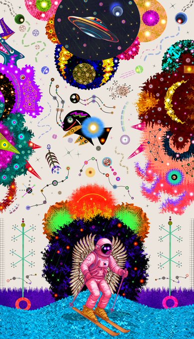 A vibrant, psychedelic digital artwork featuring a pink astronaut skiing, surrounded by neon space-like elements, celestial bodies, and colorful abstract shapes.