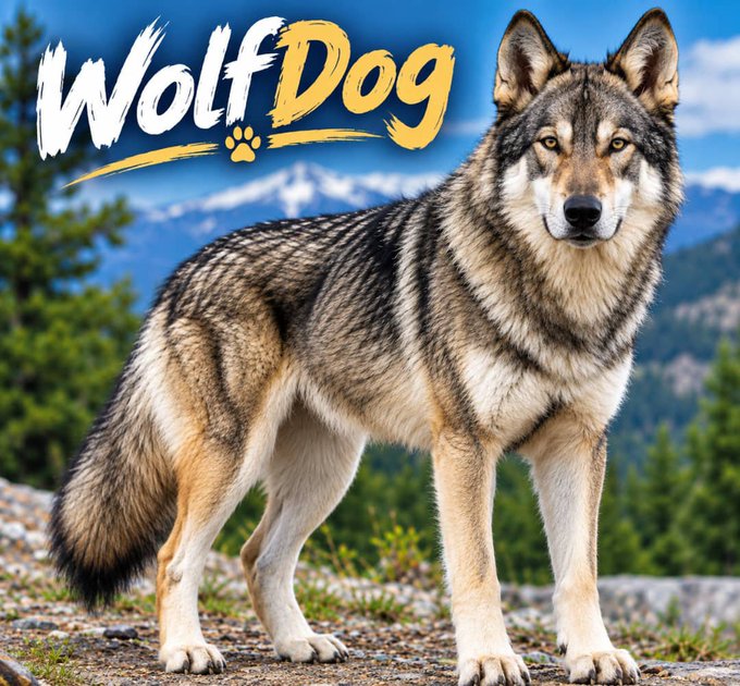 The image showcases a majestic wolfdog standing proudly on rocky terrain with a scenic mountain backdrop, featuring the bold stylized text "WolfDog" alongside a paw print in the upper left corner. The powerful, wolf-like appearance of the dog perfectly embodies the post's message about a canine "built for the wild," highlighting the breed's rugged and untamed essence.