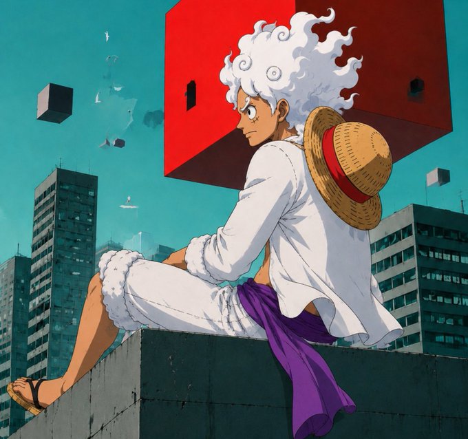 An anime-style illustration of a character with white curly hair, a straw hat, and a white outfit sitting on a rooftop ledge against a teal sky with city buildings and floating cubes.