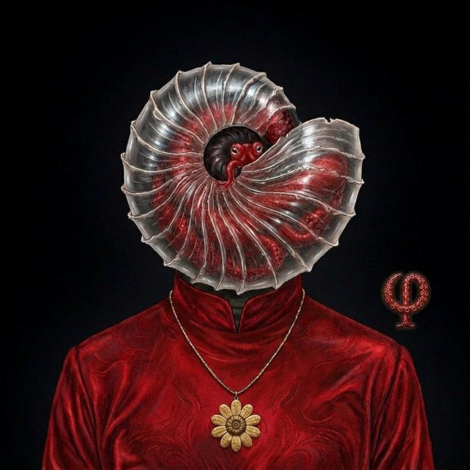 A surreal digital artwork depicting a figure in a red garment with a golden sunflower necklace, whose head is replaced by a translucent nautilus shell containing a red, fleshy interior and an eye-like structure.