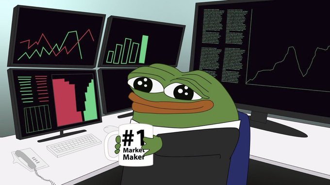 An illustration of the Pepe the Frog character in a suit holding a '#1 Market Maker' mug, sitting in front of multiple monitors displaying financial charts and code.