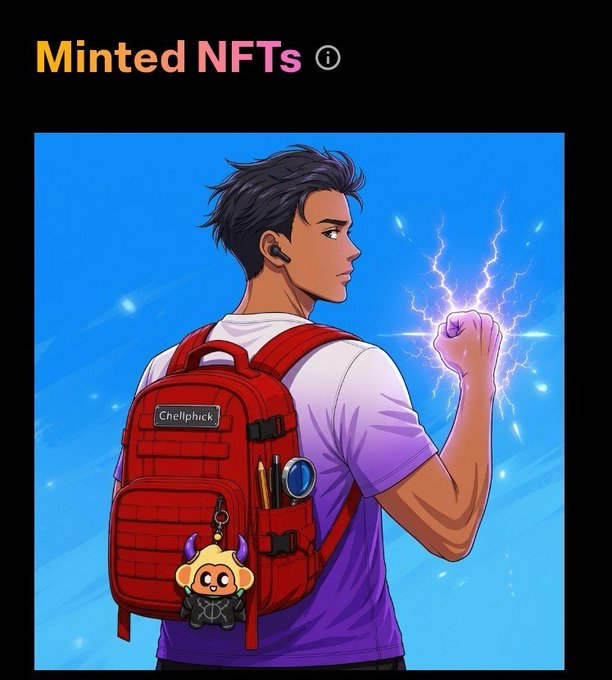 A digital NFT artwork titled "Minted NFTs" featuring an anime-style character with dark hair wearing a red backpack labeled "Cheliphick" and a small devil mascot keychain, holding a fist crackling with blue electricity against a blue background.