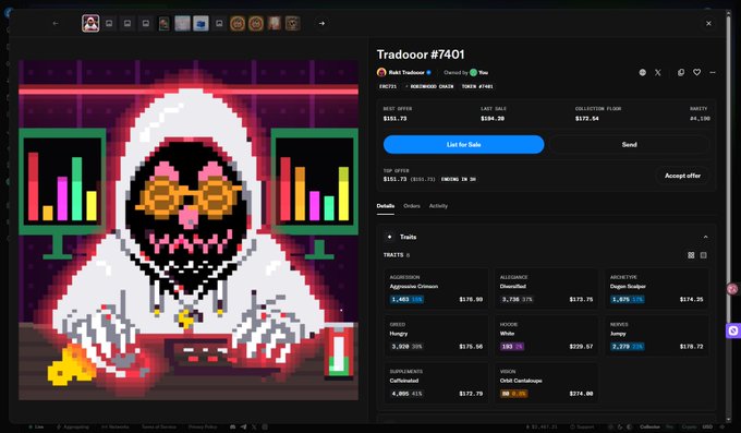 A digital trading interface showing 'Tradeooor #7401' for CryptoPunk-style 'Pixel Trader' with traits including Doobie, Aromatic Crimson, and Doobie Rapper, priced at $151.73.
