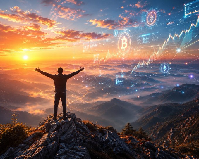 The image features a man standing on top of a mountain, with his arms raised high above his head. The sky behind him is filled with clouds, creating an impressionistic scene that captures the essence of the moment. In the background, there are various symbols related to Bitcoin and cryptocurrency, such as a Bitcoin symbol and a Bitcoin icon. These elements suggest that the man might be involved in or interested in the world of cryptocurrency.