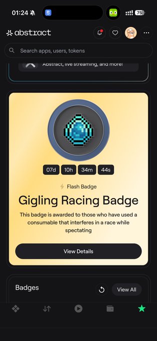 A mobile app screen for 'abstract' showing a 'Gigling Racing Badge' with timer 07d 10h 34m 44s and the description 'This badge is awarded to those who have used a consumable that interferes in a race while spectating'.