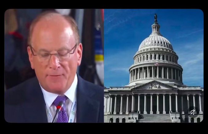 A split-screen image shows a suited man with glasses speaking at a microphone on the left, alongside the U.S. Capitol building on the right, suggesting a news segment about financial regulatory developments. The accompanying post highlights how major financial institutions are advancing blockchain integration ahead of legislation like the CLARITY Act, with cryptocurrencies XRP, HBAR, and XLM being evaluated for these trillion-dollar initiatives.