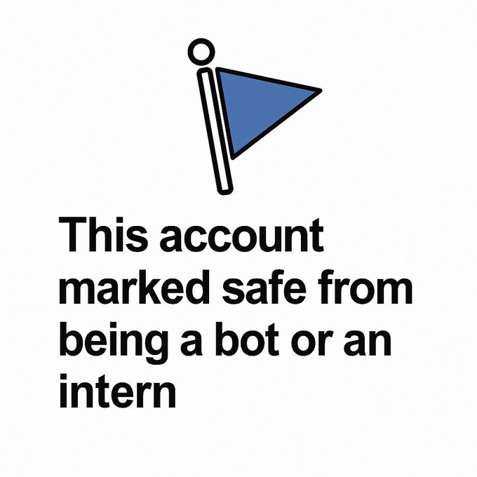 A simple graphic showing a blue flag icon with text stating 'This account marked safe from being a bot or an intern.'