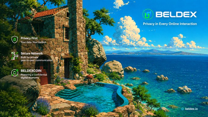 A promotional image for Beldex features a scenic Mediterranean-style stone house with a pool overlooking the sea, alongside branding that reads "BELDEX - Privacy in Every Online Interaction" and highlights "Privacy First," "Secure Network," and "BELDEXCOIN," tying into the post's discussion of seamlessly bridging $BDX between Beldex and BNB Chain for expanded DeFi access.