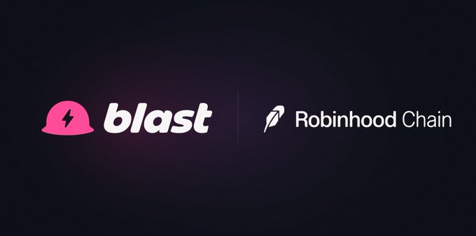 A dark purple background displaying the 'blast' logo with a pink hard hat icon next to the 'Robinhood Chain' logo with a feather quill icon.