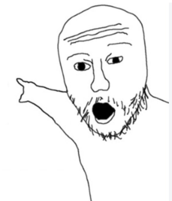 A crude black-and-white digital sketch, known as the 'Wojak' or soyjak meme, depicting a bald, bearded man with an open mouth and an outstretched arm pointing to the side.