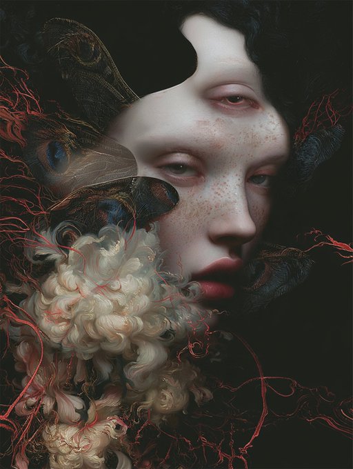 A surreal digital artwork depicts a pale, freckled woman's face with red lips emerging from darkness, surrounded by moth wings and tangled red tendrils, with a mass of curly white hair below.
