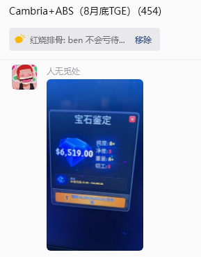 A screenshot of a group chat showing a gem appraisal result displaying a value of $6,519.00 for a blue diamond.