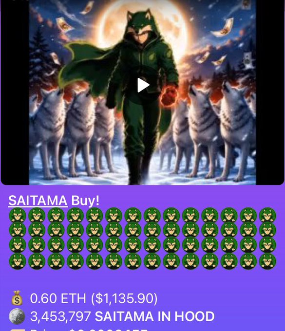 A video thumbnail showing an anime-style character in a green cloak leading a pack of white wolves against a full moon, with a listing below titled 'SAITAMA Buy!' showing the price as '0.60 ETH ($1,135.90)' and '3,453,797 SAITAMA IN HOOD'.