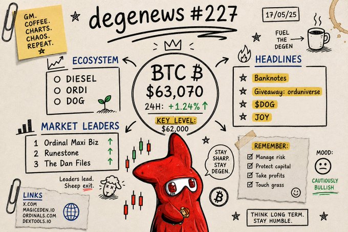 A crypto newsletter graphic titled 'degenews #227' dated 17/05/25 showing BTC at $63,070, with sections for Ecosystem (DIESEL, ORDI, DOG), Market Leaders, Headlines, and a cartoon dog in red armor.