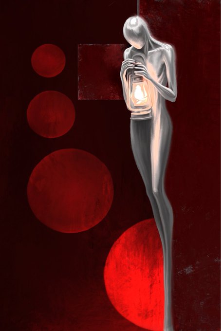 A digital painting of a slender, faceless silver figure holding a glowing lantern, set against a deep red background with large circular shapes.