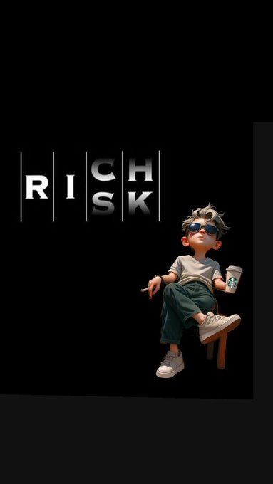 A stylized 3D illustration of a boy with sunglasses sitting casually holding a Starbucks coffee cup, alongside metallic text spelling "RICH KID" on a black background.