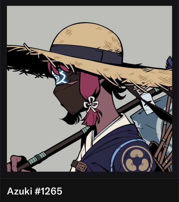An anime-style character with pink hair, a straw hat, and a dark mask, wearing a blue kimono with a circular emblem; labeled 'Azuki #1265'.
