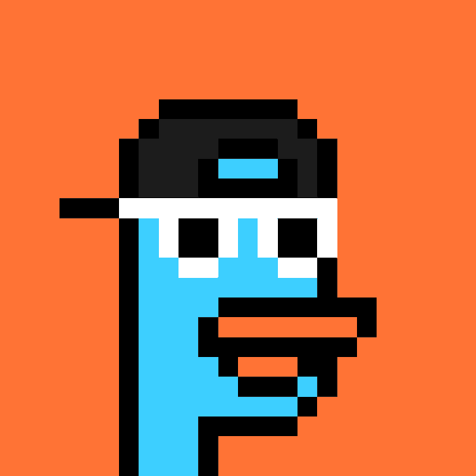 A pixel art character on an orange background, featuring a figure wearing a black hat and white headband with a light blue body.