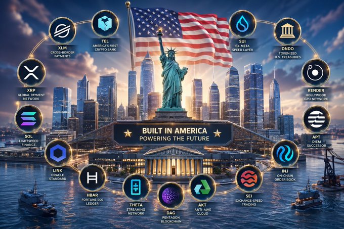 **Caption:** A patriotic graphic titled "BUILT IN AMERICA ★ POWERING THE FUTURE" features the Statue of Liberty and U.S. flag surrounded by crypto project logos (XLM, TEL, XRP, SOL, LINK, HBAR, SUI, ONDO, RENDER, APT, INJ, SEI, THETA, DAG, AKT) with descriptors like "cross-border payments," "America's first crypto bank," and "Hollywood GPU network."

**Relation to post:** The image visually illustrates the Vietnamese caption's claim that "America isn't chasing crypto—America is building it," by showcasing major U.S.-affiliated blockchain projects (Stellar, Telcoin, Ripple, Solana, Chainlink, Hedera, etc.) as pillars of American innovation in the crypto space.